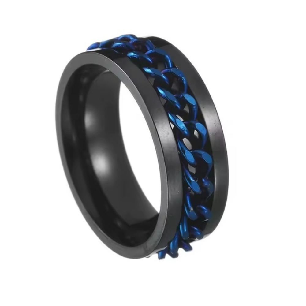 Men's Stainless Steel Black and Blue Chain Fidget Spinner Ring